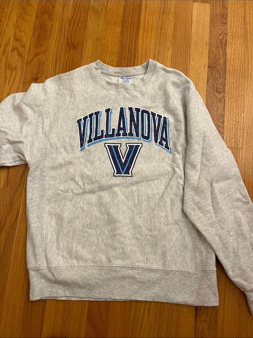 Champion Villanova Unisex Gray Crewneck Sweatshirt with Navy and Light Blue Logo